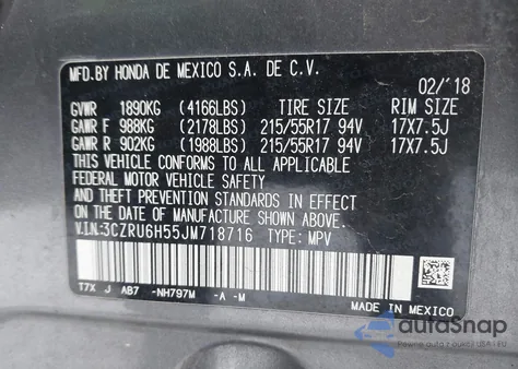 2018 Honda Hr-V Ex from USA, damaged, VIN 3CZRU6H55JM718716